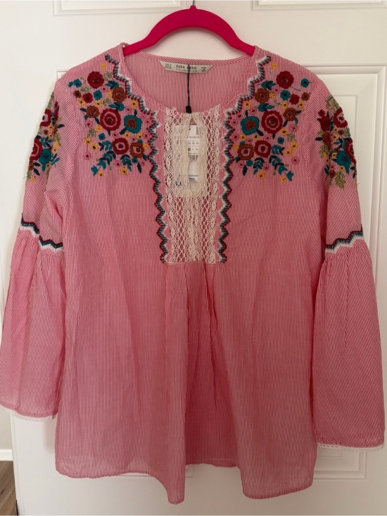 Zara Tops - Zara Pink Striped Tunic with Multicolor Floral Embroidery